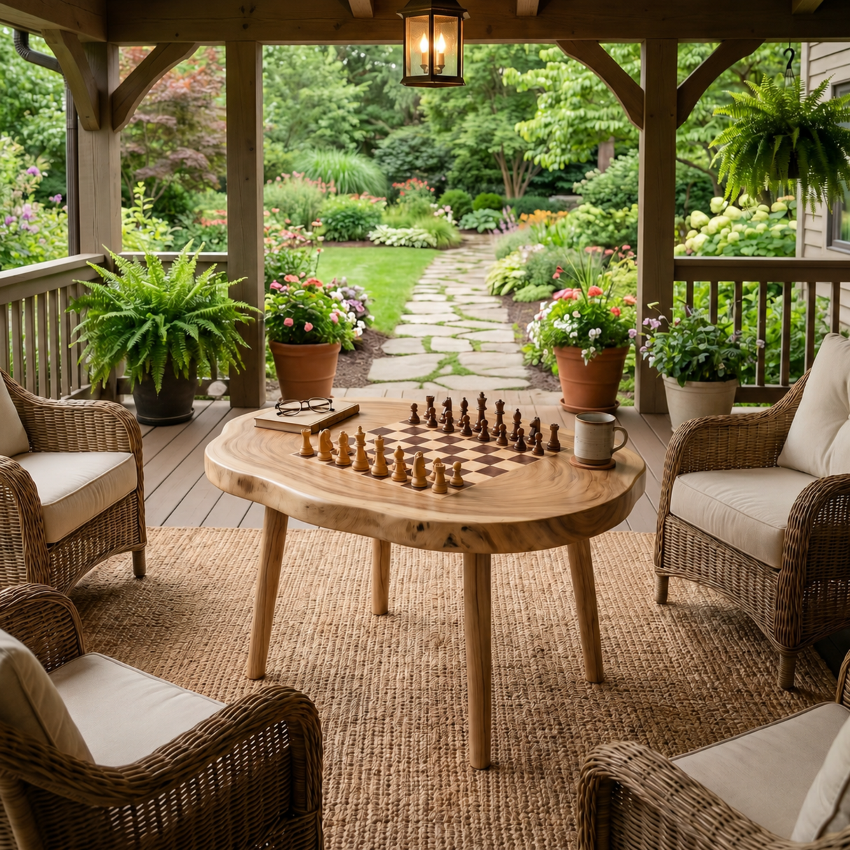 Handcrafted Solid Wood Oval Chess Coffee Table with Built In Board