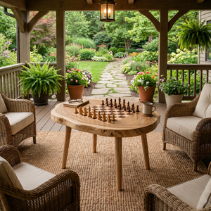 Handcrafted Solid Wood Oval Chess Coffee Table with Built In Board