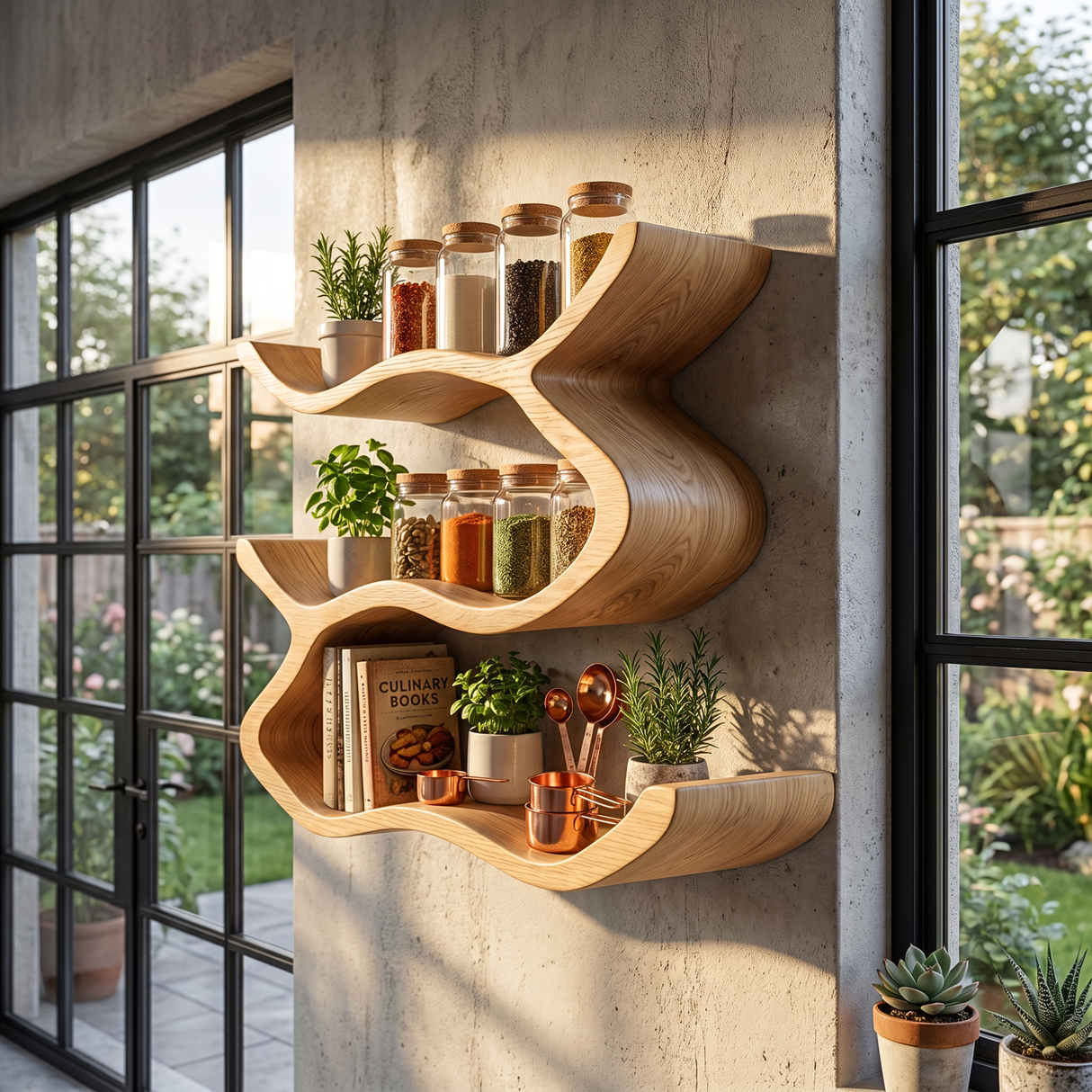 Wall Mounted Solid Wood Spice Shelf with Sculpted Ribbon Edge Design