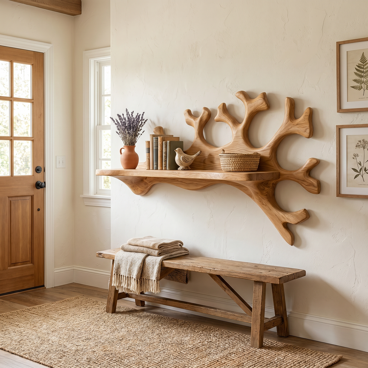 Handcrafted Solid Wood Coral Reef Wall Shelf with Display Ledge