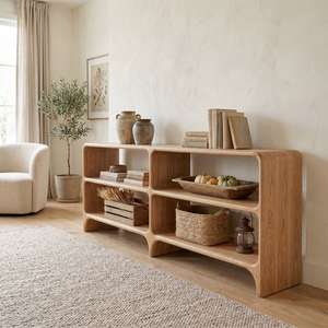 Solid Wood Low Display Console with Rounded Shelf Compartments