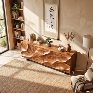 Sideboard Solid Wood with Sculptural Sand Dune Relief Doors