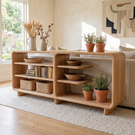Solid Wood Rounded Console Sideboard with Open Display Shelves