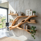 Sculptural Solid Wood Wall Bookshelf with Flowing Branch Shelves