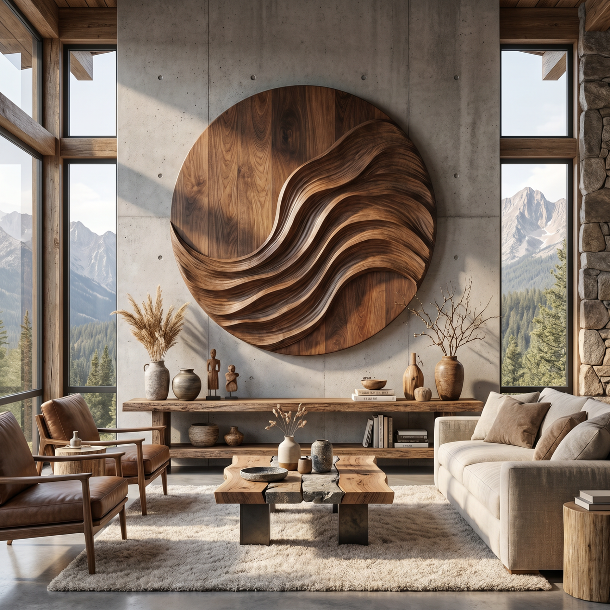Large Handcrafted Wood Wall Sculpture with Layered Ribbon Relief for Living Room