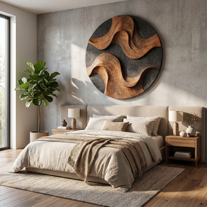 Handcrafted Wood Wall Sculpture with Woven Wave Relief and Charcoal Contrast