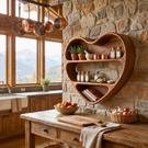 Handcrafted Heart-Shaped Wood Wall Spice Rack with Sculptural Three-Tier Shelves