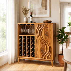 Solid Wood Wine Cabinet with Carved Wave Door for Dining Room