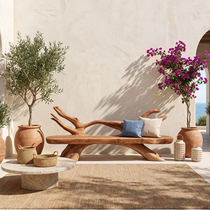 Organic Solid Wood Garden Bench with Sculptural Branch Backrest