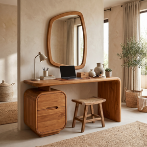 Solid Wood Makeup Vanity Desk with Rounded Storage Cabinet and Waterfall Leg
