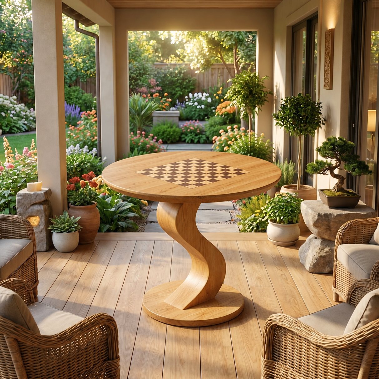 Solid Wood Round Chess Table with Curved Sculptural Pedestal Base