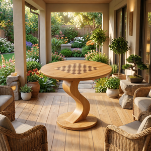 Solid Wood Round Chess Table with Curved Sculptural Pedestal Base