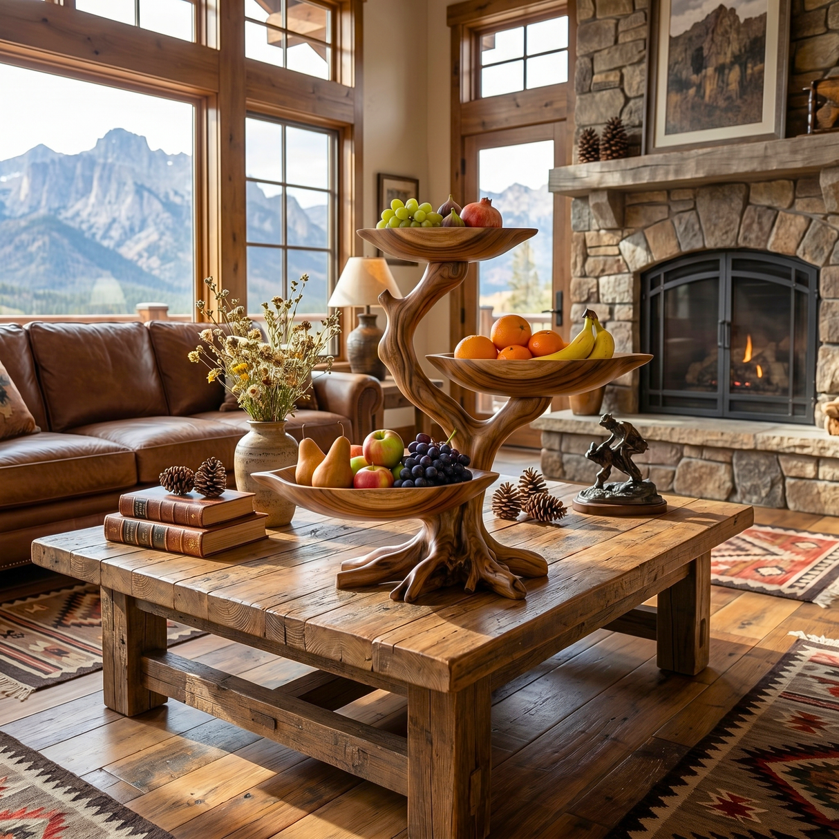Branching Solid Wood Fruit Bowl Centerpiece with Three Elevated Display Trays