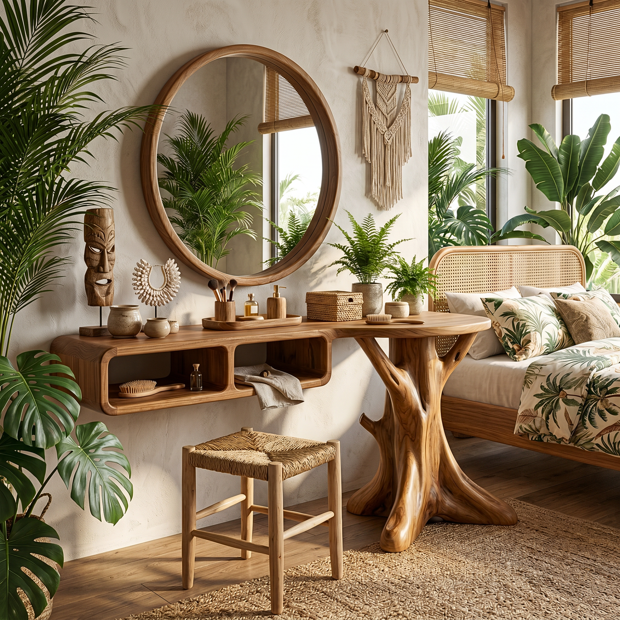 Handcrafted Solid Wood Vanity Console with Rounded Cubbies and Organic Branch Base