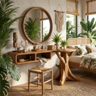 Handcrafted Solid Wood Vanity Console with Rounded Cubbies and Organic Branch Base