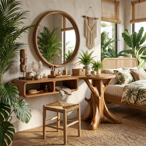Handcrafted Solid Wood Vanity Console with Rounded Cubbies and Organic Branch Base