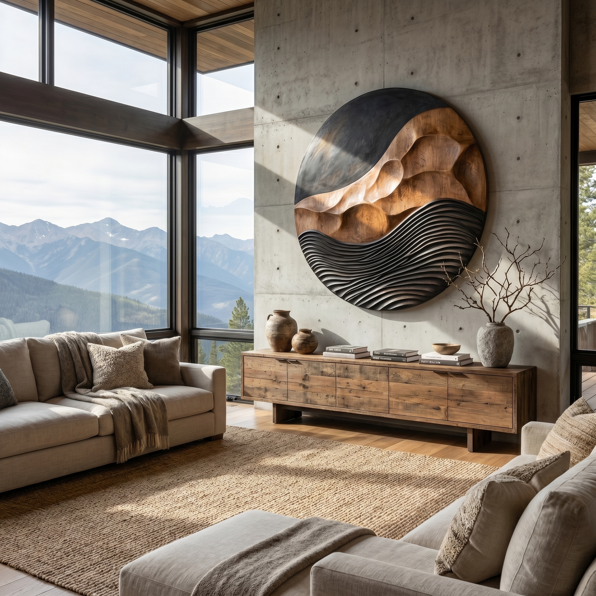 Solid Wood Round Wall Art with Carved Mountain Relief and Layered Wave Texture