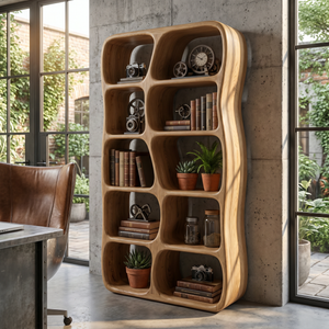 Sculptural Solid Wood Bookshelf with Organic Open Niches