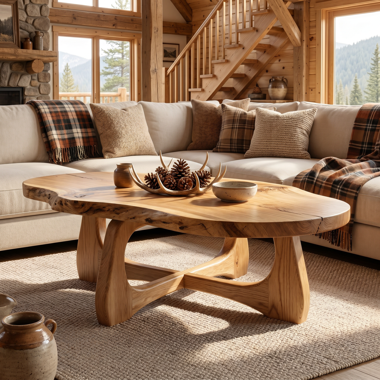 Live Edge Solid Wood Coffee Table with Sculptural Open Base