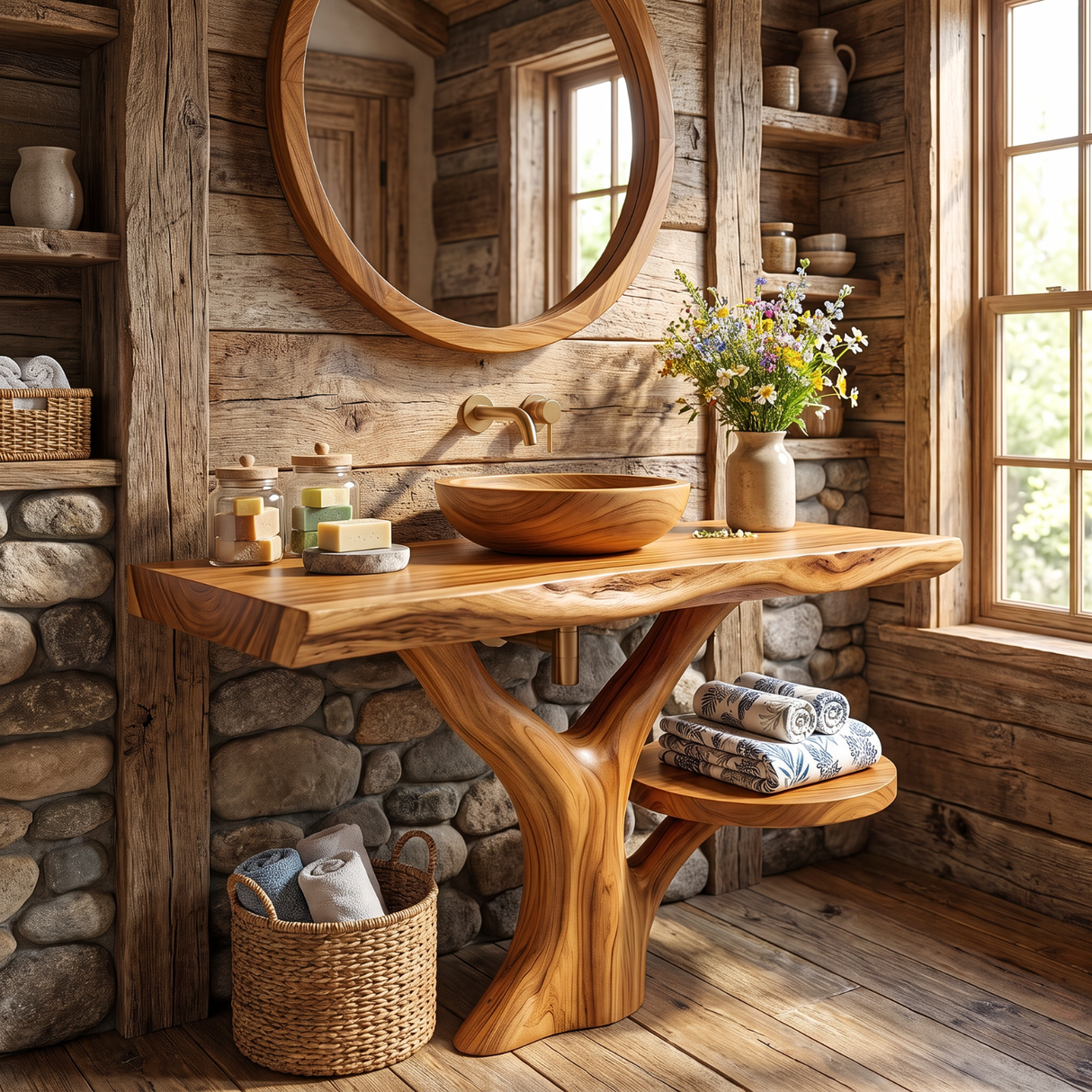 Bathroom Vanity Solid Wood with Tree Inspired Pedestal and Side Shelf for Spa Bathroom