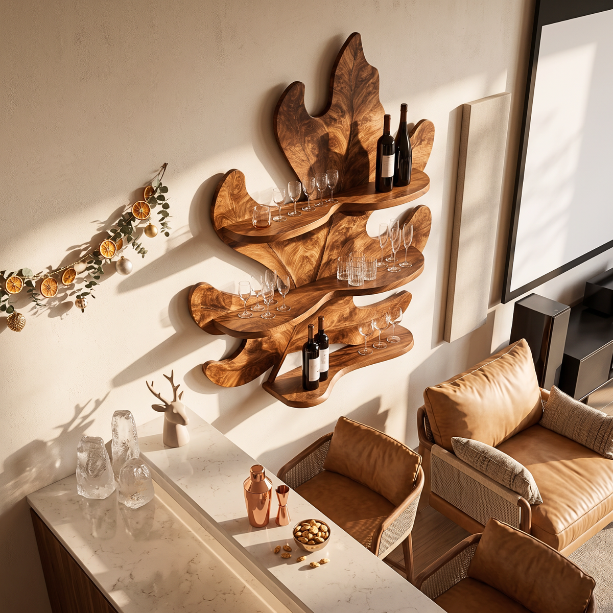 Tropical Leaf Solid Wood Wine Rack with Sculptural Wall Shelves