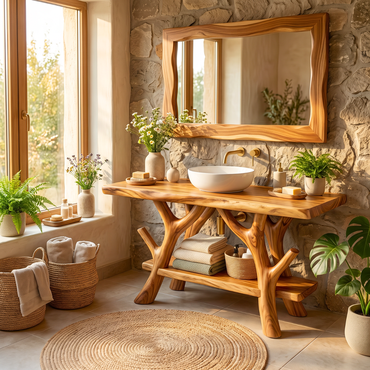 Bathroom Vanity Solid Wood with Branch Frame Shelves for Spa Bathroom Storage