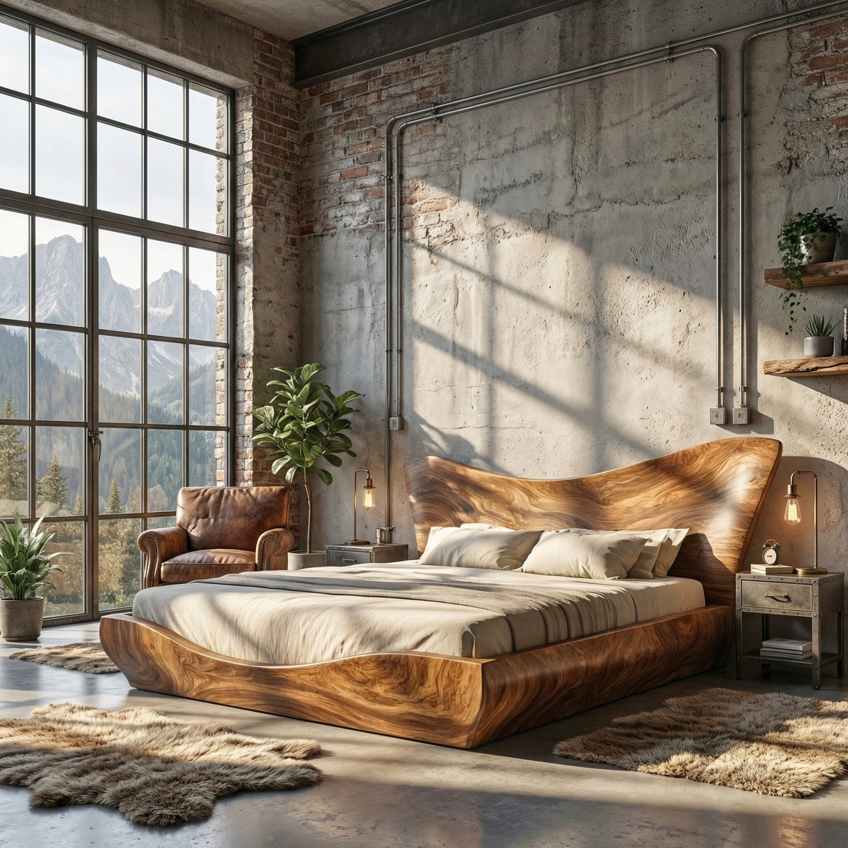 Sculptural Solid Wood Platform Bed with Organic Curved Headboard