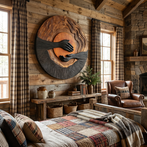 Solid Wood Wall Sculpture with Layered Sunset Relief and Reaching Hand Design