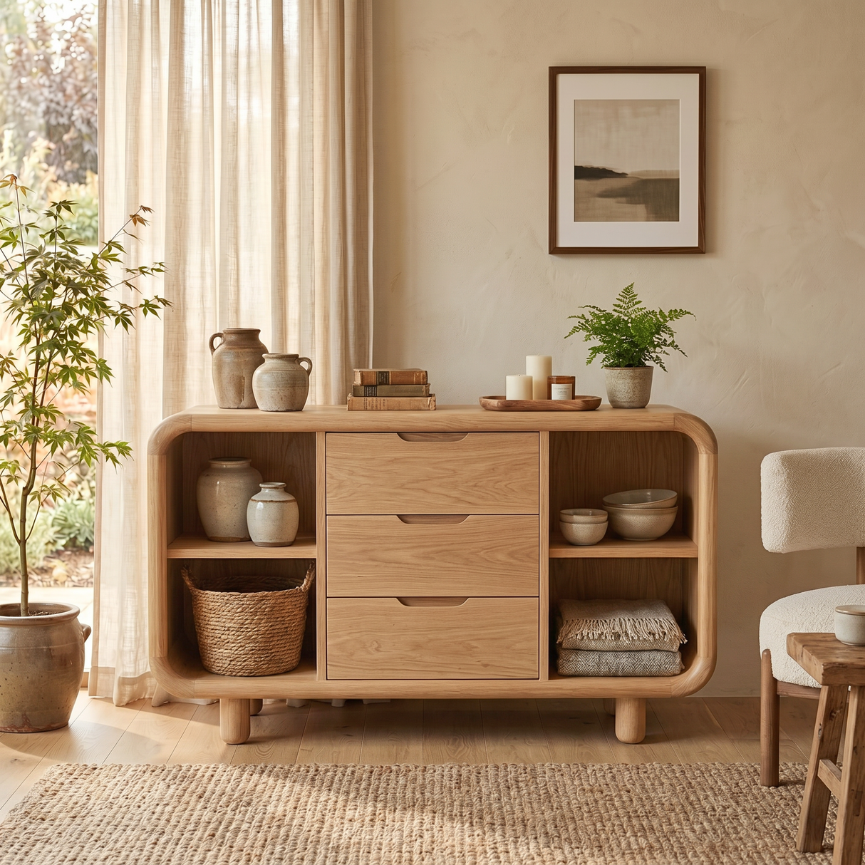 Solid Wood Sideboard Cabinet with Three Drawers and Rounded Display Bays