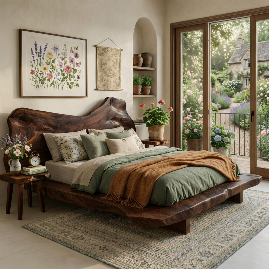 Natural Edge Solid Wood Bed with Sculpted Wave Headboard Design