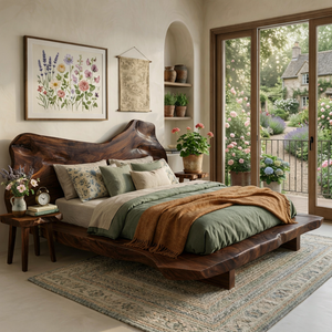 Natural Edge Solid Wood Bed with Sculpted Wave Headboard Design