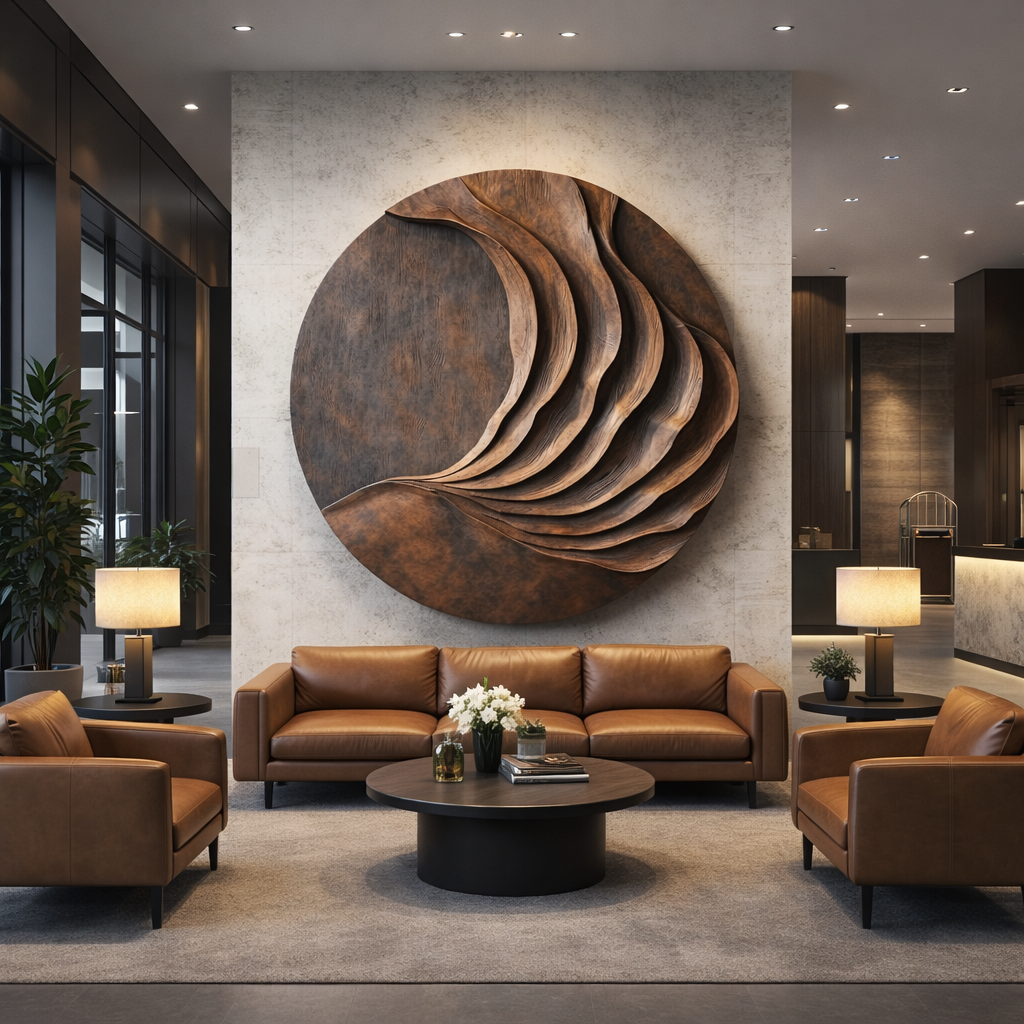 Large Solid Wood Layered Wave Circle Wall Sculpture for Modern Interiors
