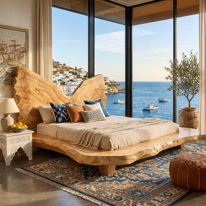 Sculptural Solid Wood Platform Bed with Natural Edge Headboard Form