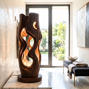 Sculptural Wood Table Lamp with Organic Cutouts