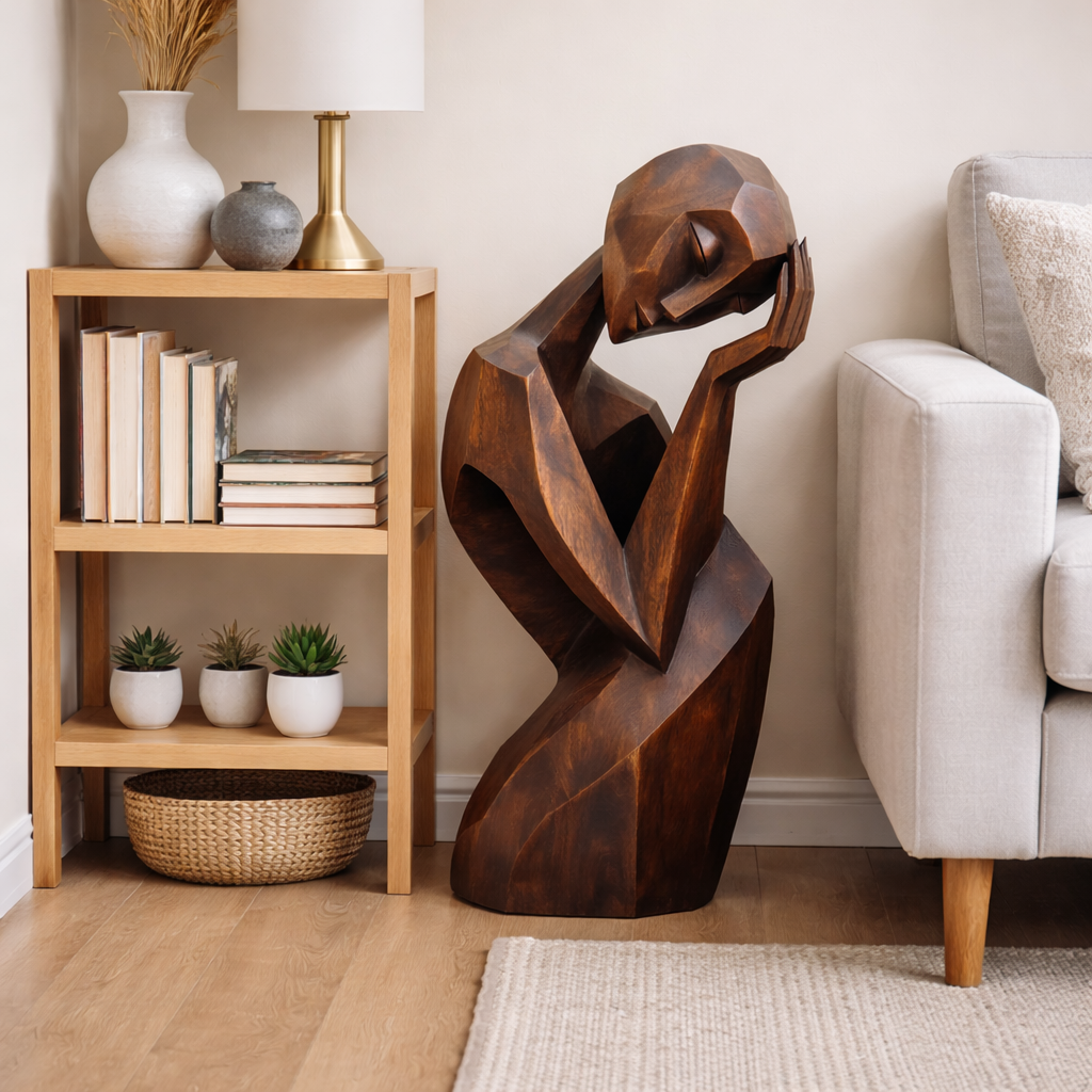 Solid Wood Abstract Resting Figure Floor Sculpture for Modern Interiors and Covered Outdoor Spaces