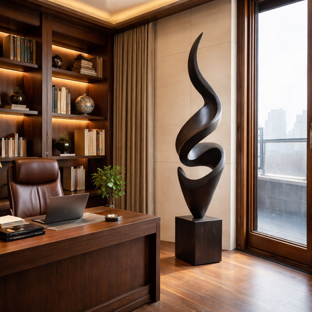 Tall Spiral Solid Wood Floor Sculpture with Plinth for Modern Living Rooms