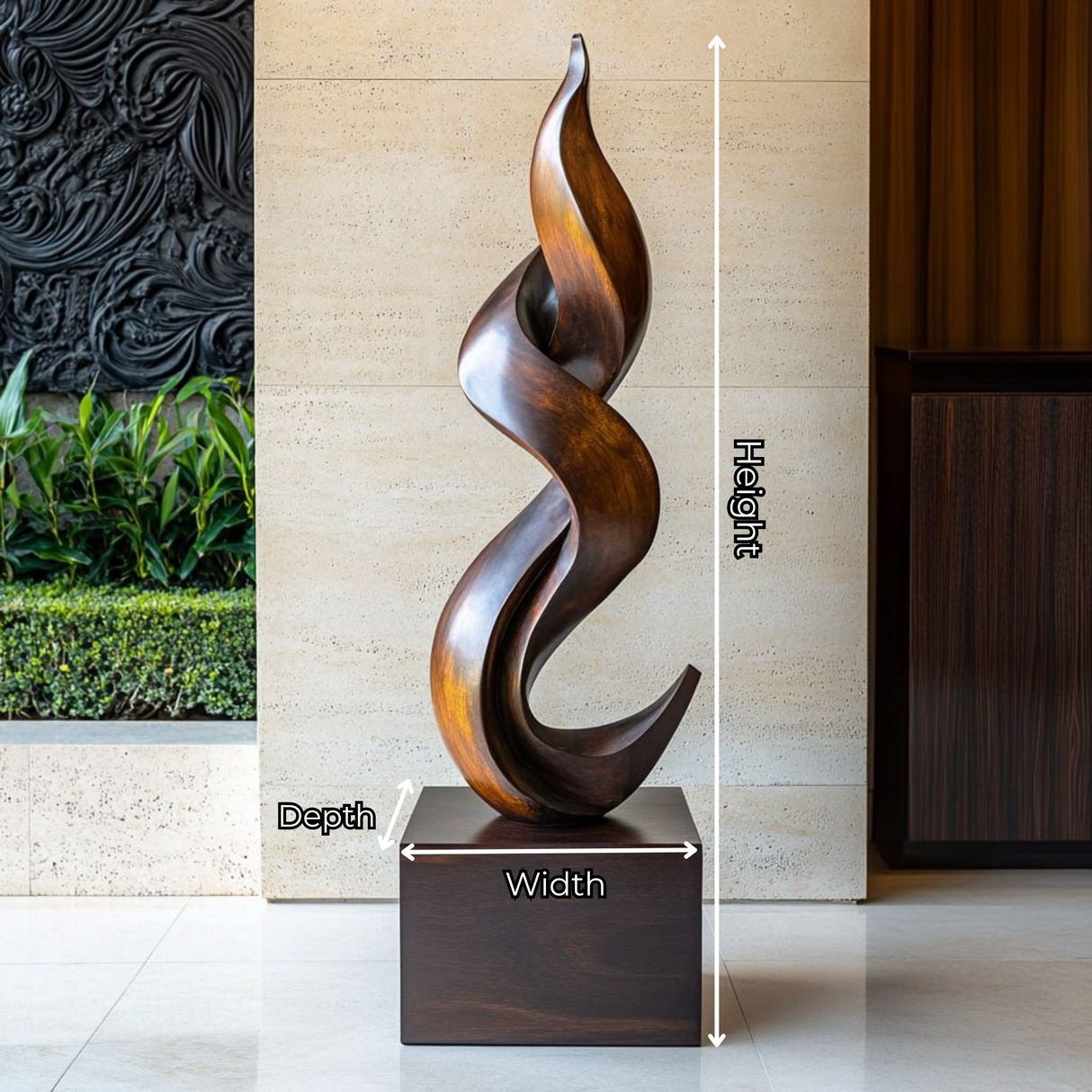 Solid Wood Twisting Flame Sculpture for Modern Interior Display