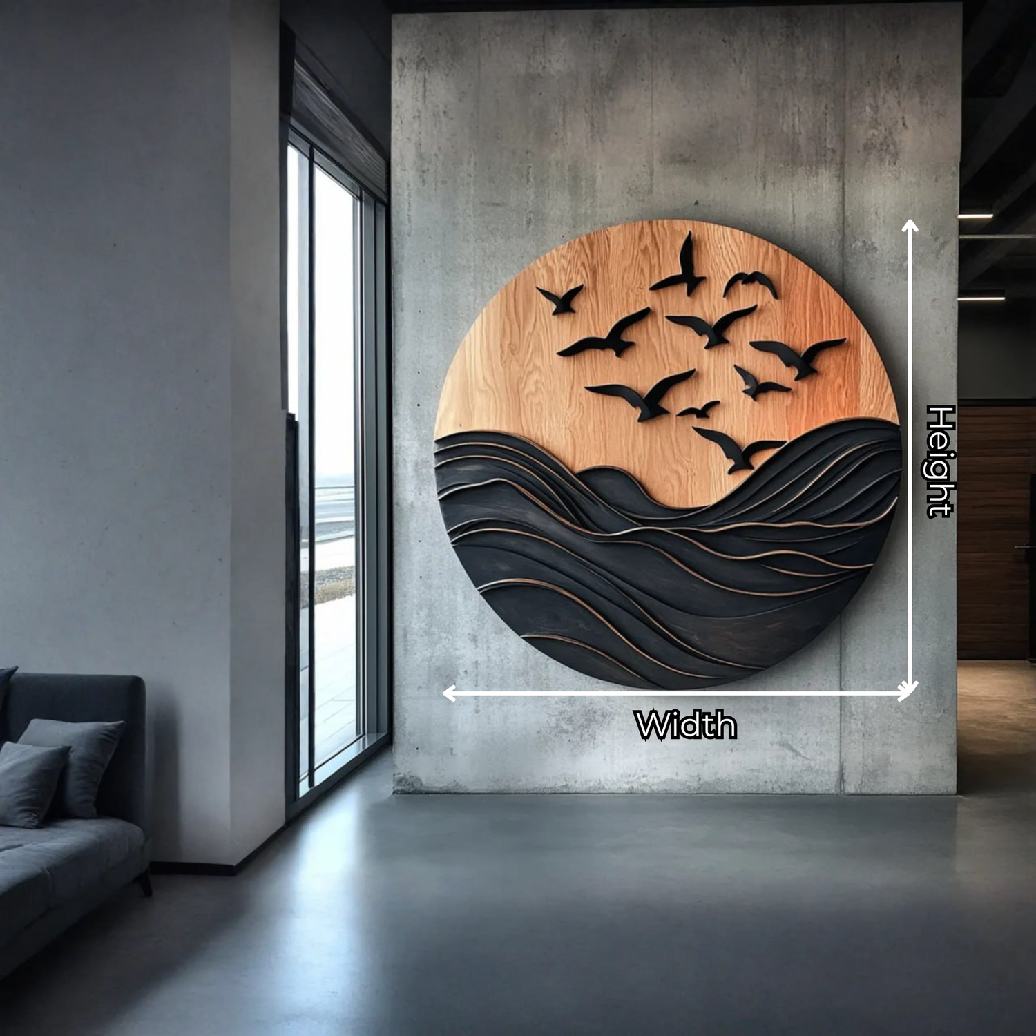 Seascape Solid Wood Wall Sculpture with Birds for Living Room