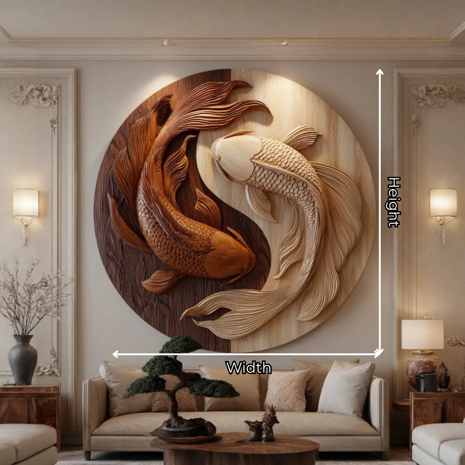 Contemporary Round Solid Wood Koi Wall Sculpture for Living Room Interiors
