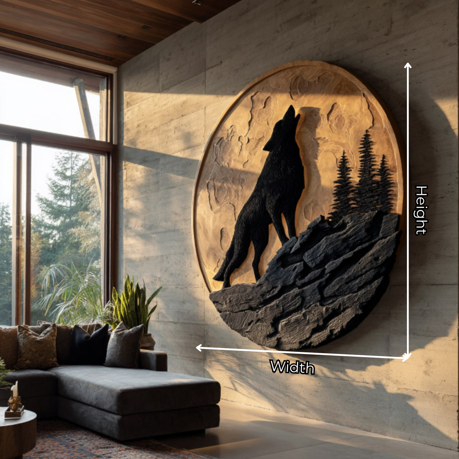 Contemporary Round Solid Wood Wolf Wall Sculpture for Living Room Interiors