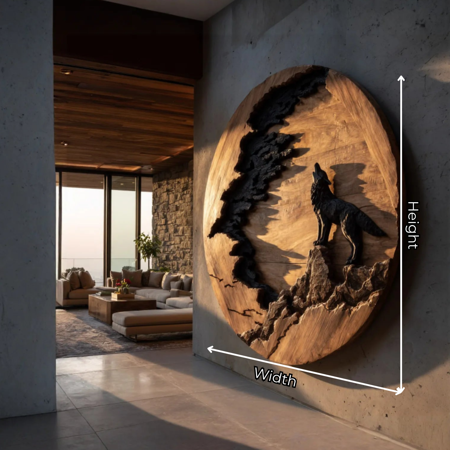 Modern Round Solid Wood Wolf Wall Art for Living Room Interiors