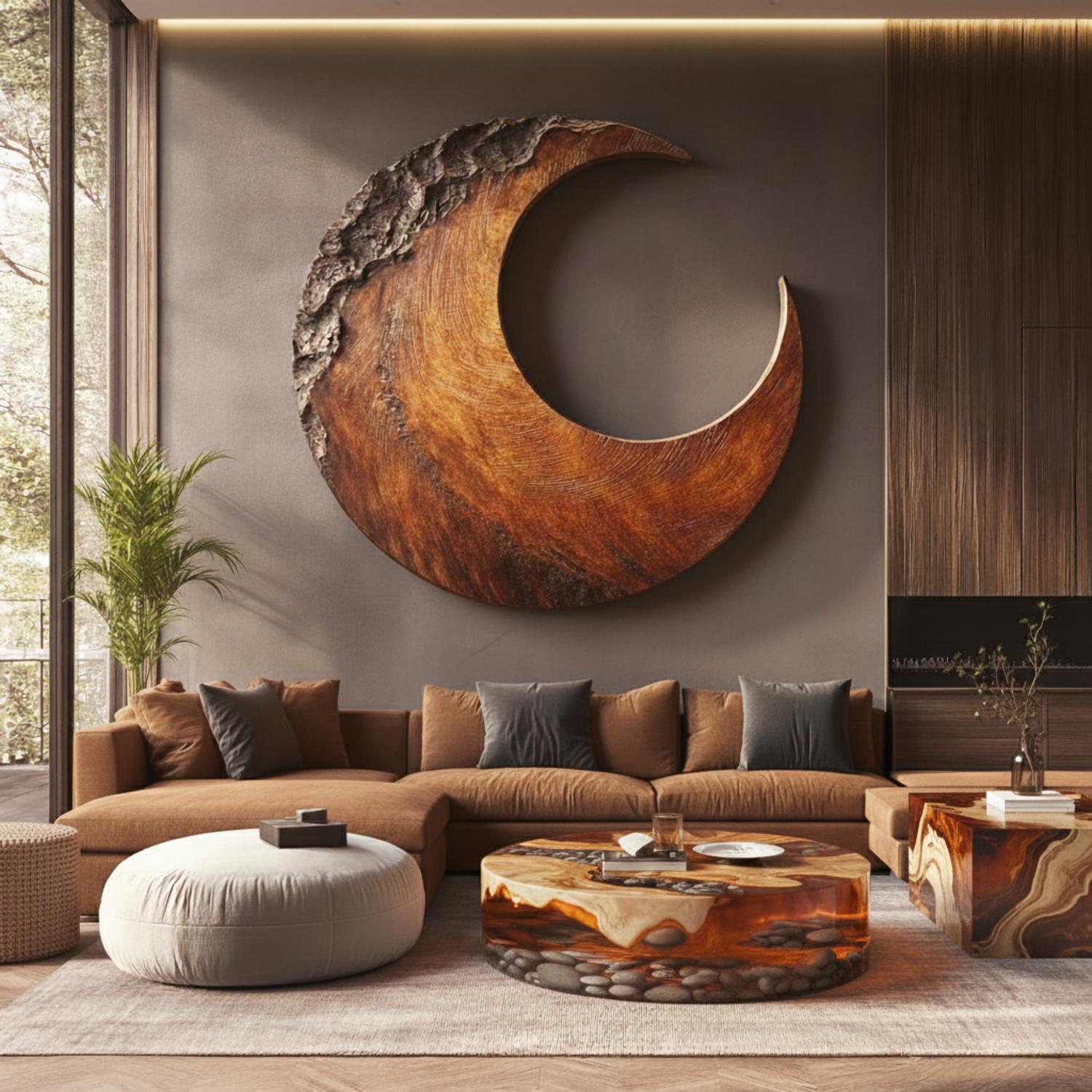 Crescent Solid Wood Wall Sculpture for Living Room Statement Decor