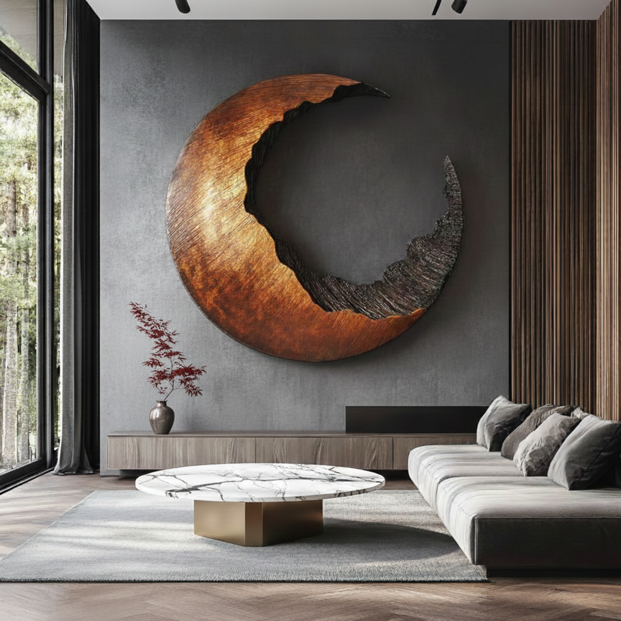 Abstract Crescent Solid Wood Wall Sculpture for Living Room