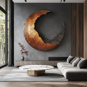 Abstract Crescent Solid Wood Wall Sculpture for Living Room