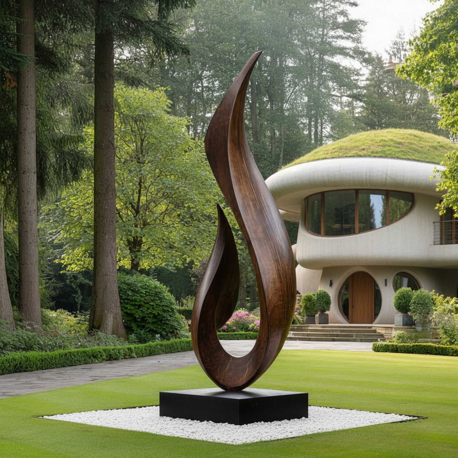 Tall Flame Form Solid Wood Garden Sculpture for Modern Outdoor Landscape