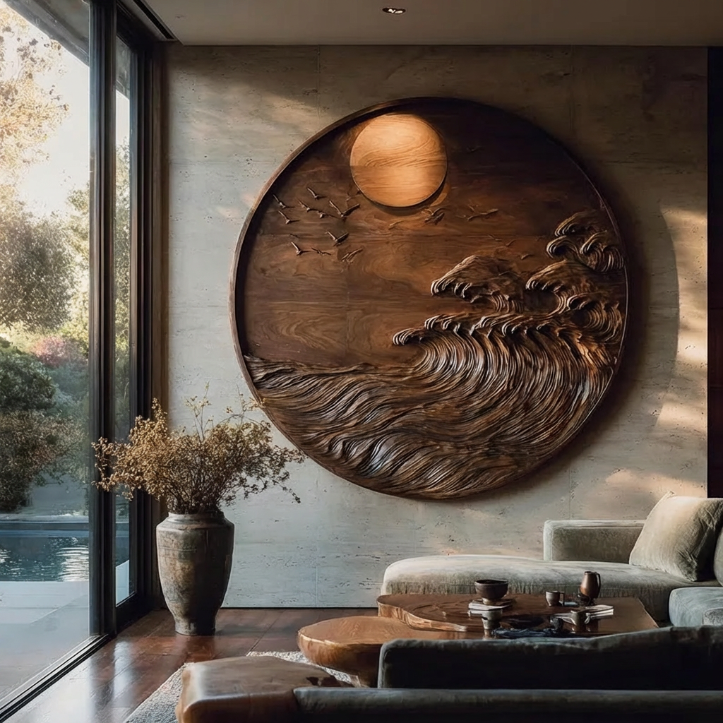Handcrafted Solid Wood Wall Sculpture with Ocean Wave Relief and Circular Moon Design