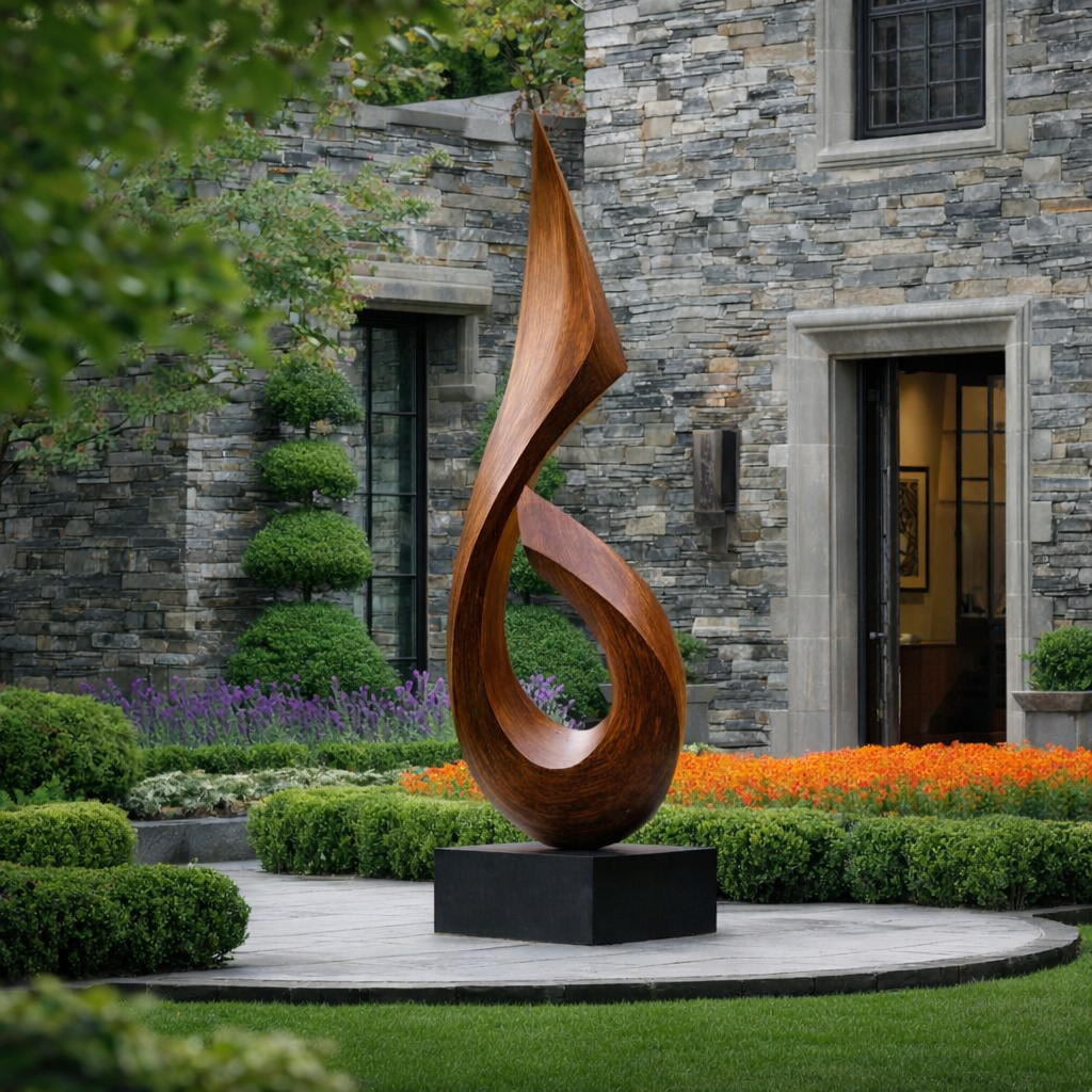 Modern Abstract Solid Wood Outdoor Sculpture for Contemporary Garden