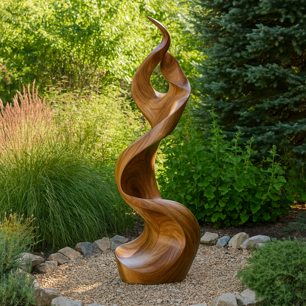 Outdoor Solid Wood Spiral Flame Sculpture for Gardens and Modern Landscapes