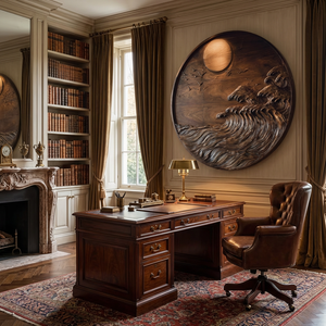 Handcrafted Solid Wood Wall Sculpture with Ocean Wave Relief and Circular Moon Design