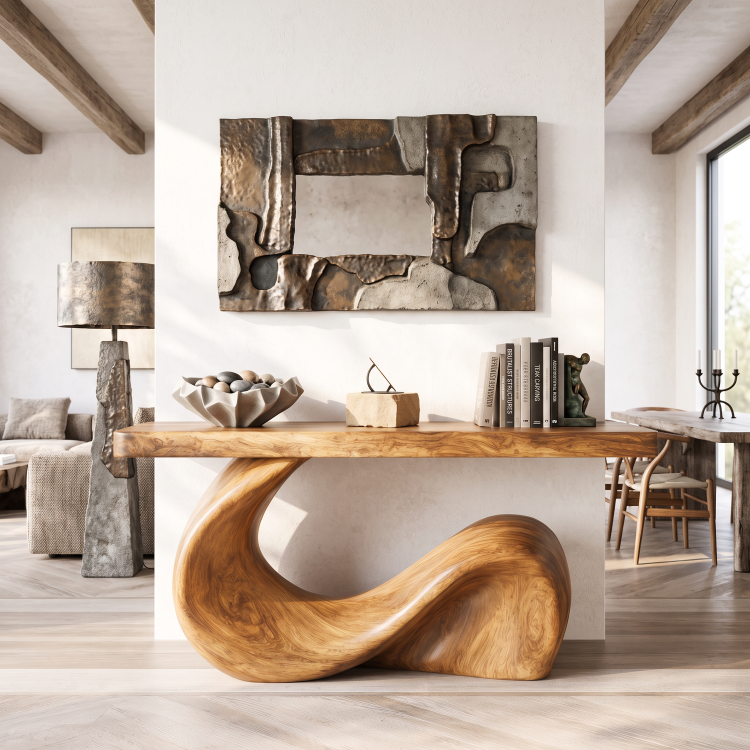Console Table Solid Wood with Sculptural Wave Base for Entryway Decor